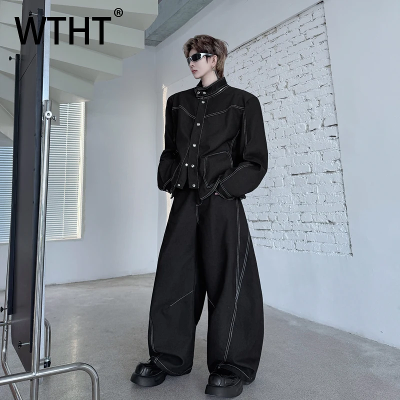 

WTHT Vintage Men's Suit Striped Spliced Big Pockets Denim Coats Casual High-waisted Wide Leg Jeans Set Male 2025 Autumn 2A1706