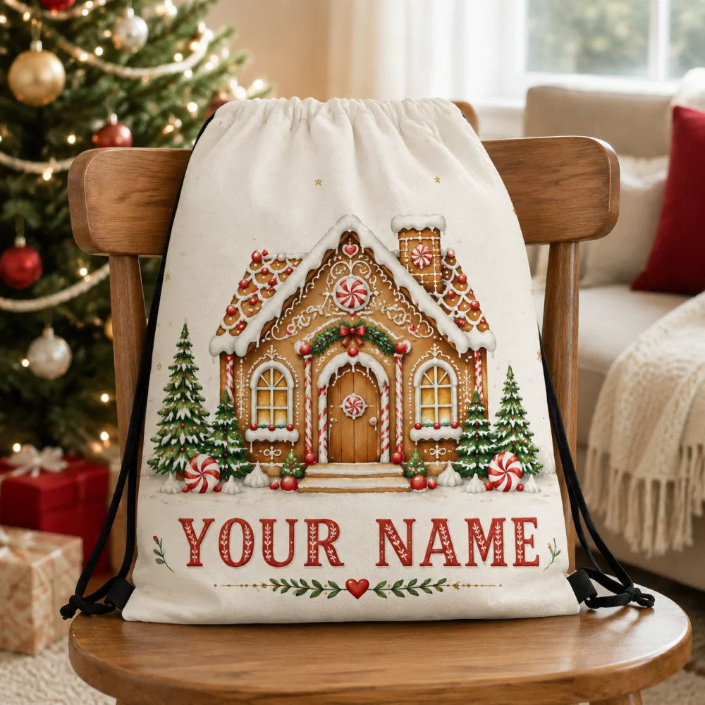 Custom Name Christmas Gingerbread House Drawstring Backpack, Polyester X‑mas Holiday Sack Bag, Festive Gift Storage Shoulder Bag