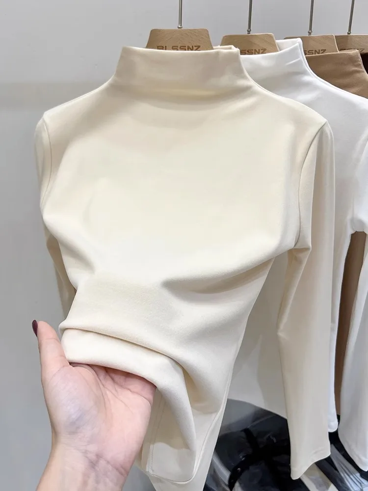 Self-Heating Double-Sided Velvet Half-High Collar Women's Autumn Winter Slim Fit Warm Top Pure Color Long Sleeve T-Shirt