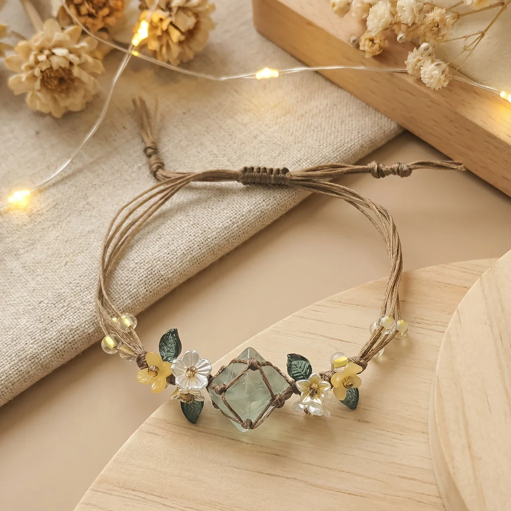 Ladies Fresh Forest System Woven Bracelet with Artificial Crystal Leaf Accents Comfortable Adjustable Length Natural Style Handm