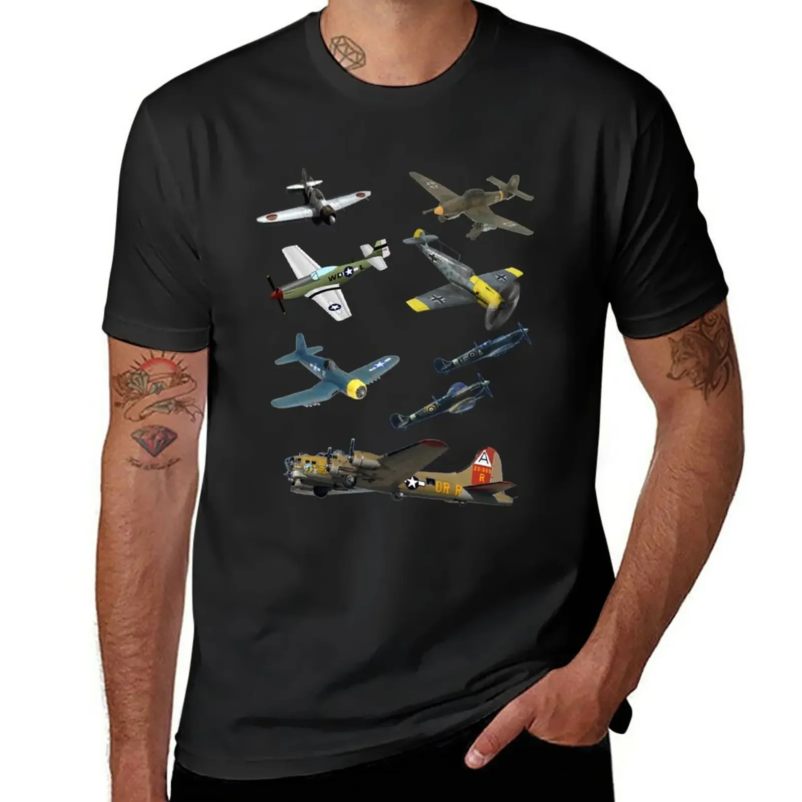 

Famous WW2 Planes Warbirds P51 Mustang Spitfire Messerschmitt T-Shirt blacks Short sleeve tee men t shirt