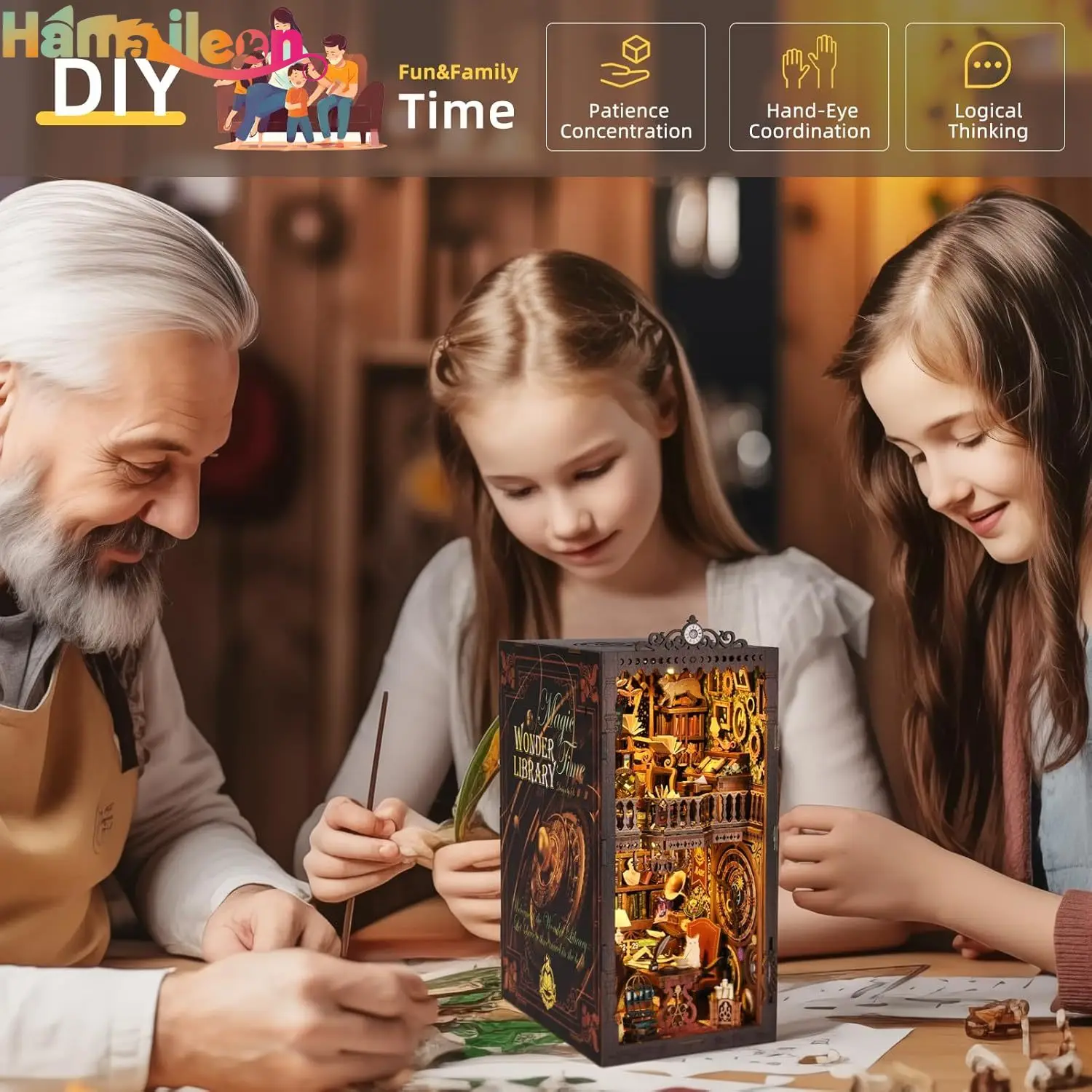 Hamaileon Book Nook Kit, DIY Miniature House Room ชุดปริศนาชั้นวางหนังสือของขวัญตกแต่งสําหรับคนรักหัตถกรรม (Wonder Library)