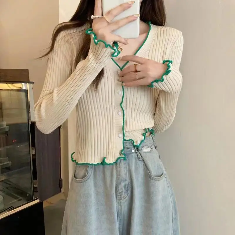 Women Spring Autumn Sweaters Sexy V-neck Solid Knitted Cardigan Fashion Long Sleeve Casual Short Tops Korean Style Thin Sweater