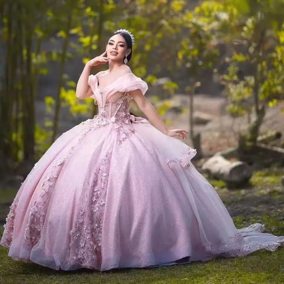 Disesuaikan Vestidos De 15 quinceaberdeera Baratos payet merah muda Tulle gaun bola Quinceanera renda Appliqued pesta pernikahan