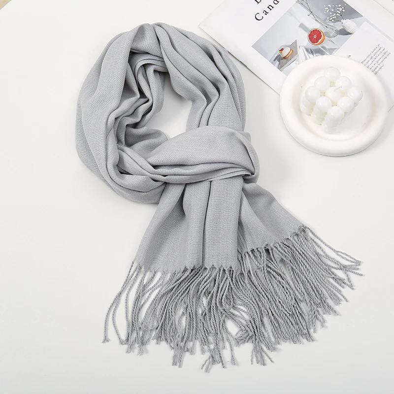 Bufanda de Pashmina lisa con borlas para mujer y hombre, bufandas cálidas de otoño e invierno, envolturas largas de moda, Cachemira Lisa como mulffer