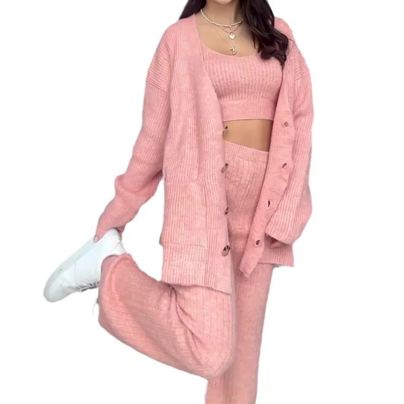 

European and American Autumn Winter Fashion Solid Color Cardigan Button Vest Sweater Long Pants Three-Piece Set