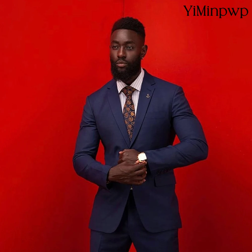 

YiMinpwp Navy Blue New Arrival Men's 3 Pieces Pinstripe Satin Single Breasted Tuxedo Suits for Businessman Attire Blazer XS-5XL