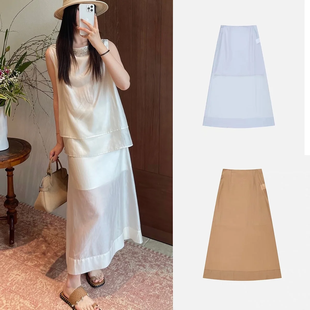 

Slimming Mid-Length A-Line Skirt with Double Layer Splicing Loose Drapey Feel South Oil Xu 26 Summer New Style Ladies Skirt