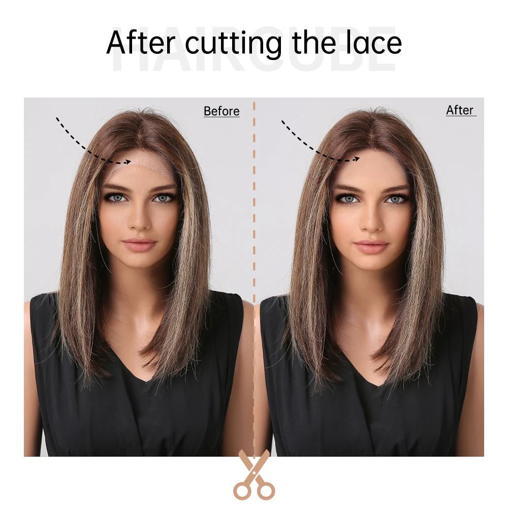 HAIRCUBE الإنسان خصلات الشعر المستعار قصيرة مستقيم بوب شعر مستعار للنساء براون شقراء تسليط الضوء على شعر مستعار المرأة متوسطة طول T جزء الدانتيل شعر مستعار أمامي