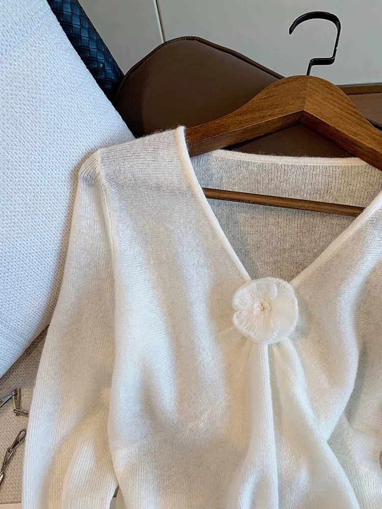 Ele Sweet 3D Flower V-Ne Long Sve suéter de punto ex primavera otoño versátil Top suave medio fino calidez