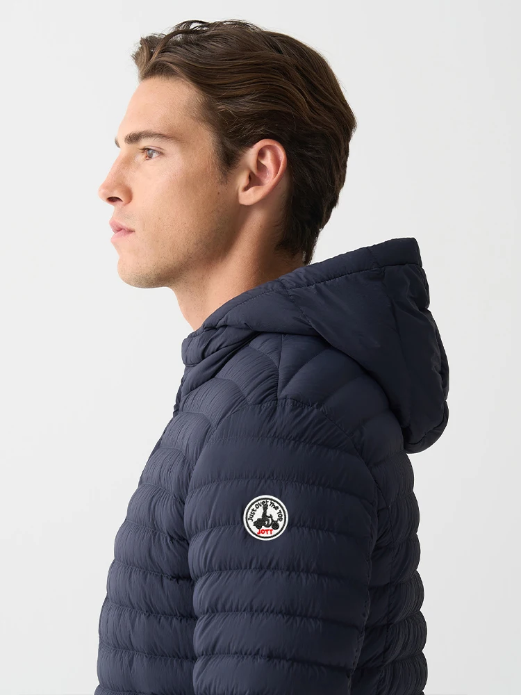 Otoño Invierno Europa hombres mujeres manga larga bordado logo cremallera frontal salir ligero fino con capucha abajo chaqueta cálida a prueba de viento