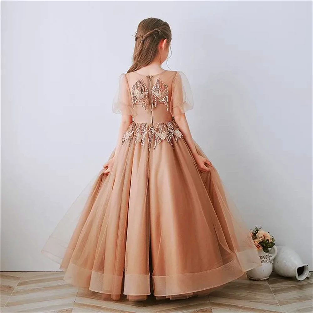 Robe de demoiselle d'honneur en tulle et dentelle, tenue de soirée élégante, à manches courtes, avec impression, pour première communion, cadeau d'anniversaire pour enfants