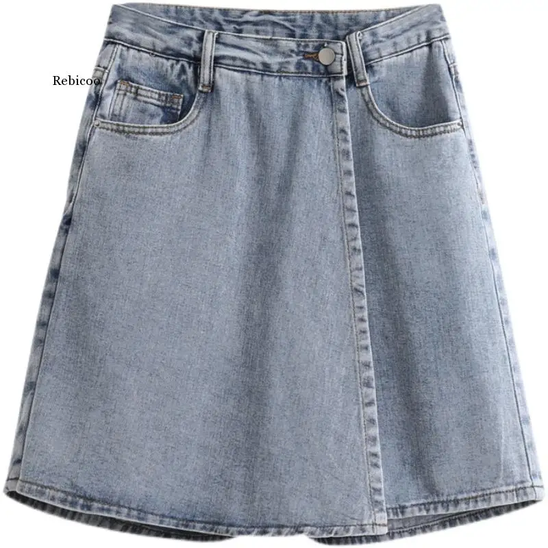 

High Waist Denim Shorts Skirts Women Zipper Fly Summer Fashion Light Blue Loose A-line Casual Culotte