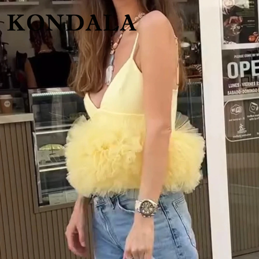 

KONDALA Chic Sexy Yellow Flurry Sleeveless Women Tank Tops Fashion 2025 Summer Streetwear Short Camisole Y2K High Street Tops