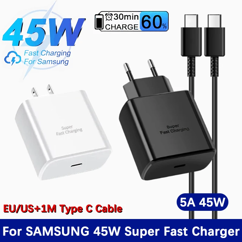 For Samsung 45W Charger Super Fast Charge Type C Adapter For Galaxy S24 S23 S22 S21 Tab S10 Ultra S9 FE A16 5G A55 C55 Note 10