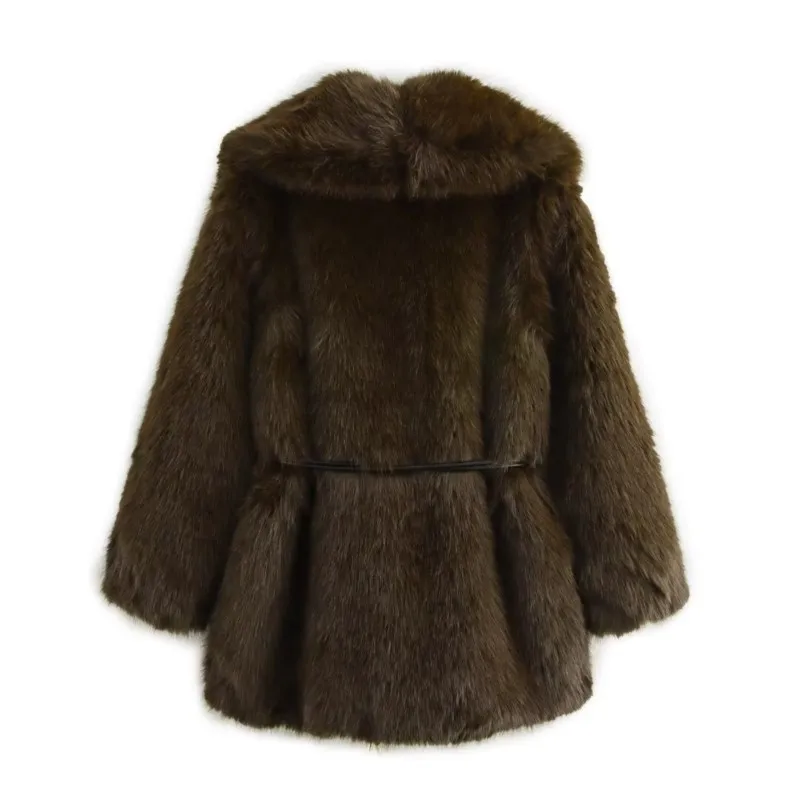 TRAF Cappotto effetto pelliccia artificiale con cintura Abbigliamento donna Autunno Casual Risvolto Capispalla Manica lunga Cappotto da donna Cappotto femminile