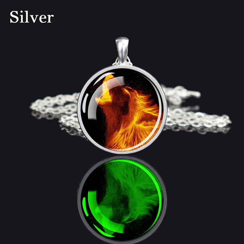 Esspoc Cool Hiphop Necklace Unique Design Flaming Phenix Wolf Dragon Lion Glass Dome Pendants Necklaces Glowing in Dark Men Gift