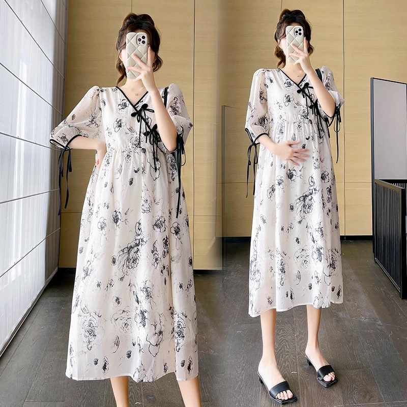 

ink painting print maternity long dress summer Chinese style fashion A line loose clothes for pregnant women pregnancy sweet