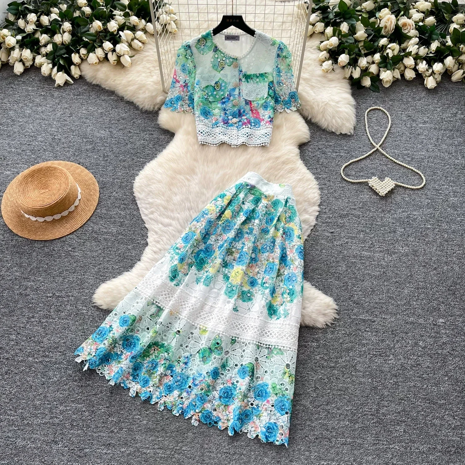 Greenora Women's Hollow Embroidery Lace Two-Piece Set Puff Sleeve Crop Top And A-Line Midi Skirt Matching Outfit Scalloped Detai