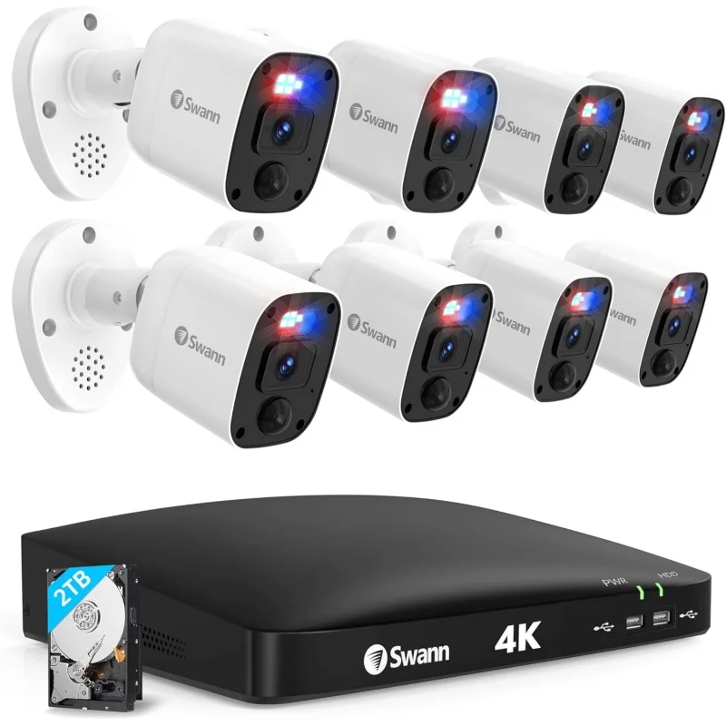 Swann 4K Security Camera System DVR with 2TB HDD, 8 Channel 8 Cam, Indoor Outdoor Wired 8MP Home Surveillance Bullet Cameras, Co