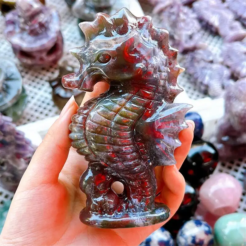 Natural Moss Agate Seahorse Carving Animal Ornaments Statue Gift Healing Gem Crafts For Home Decoration 1pcs