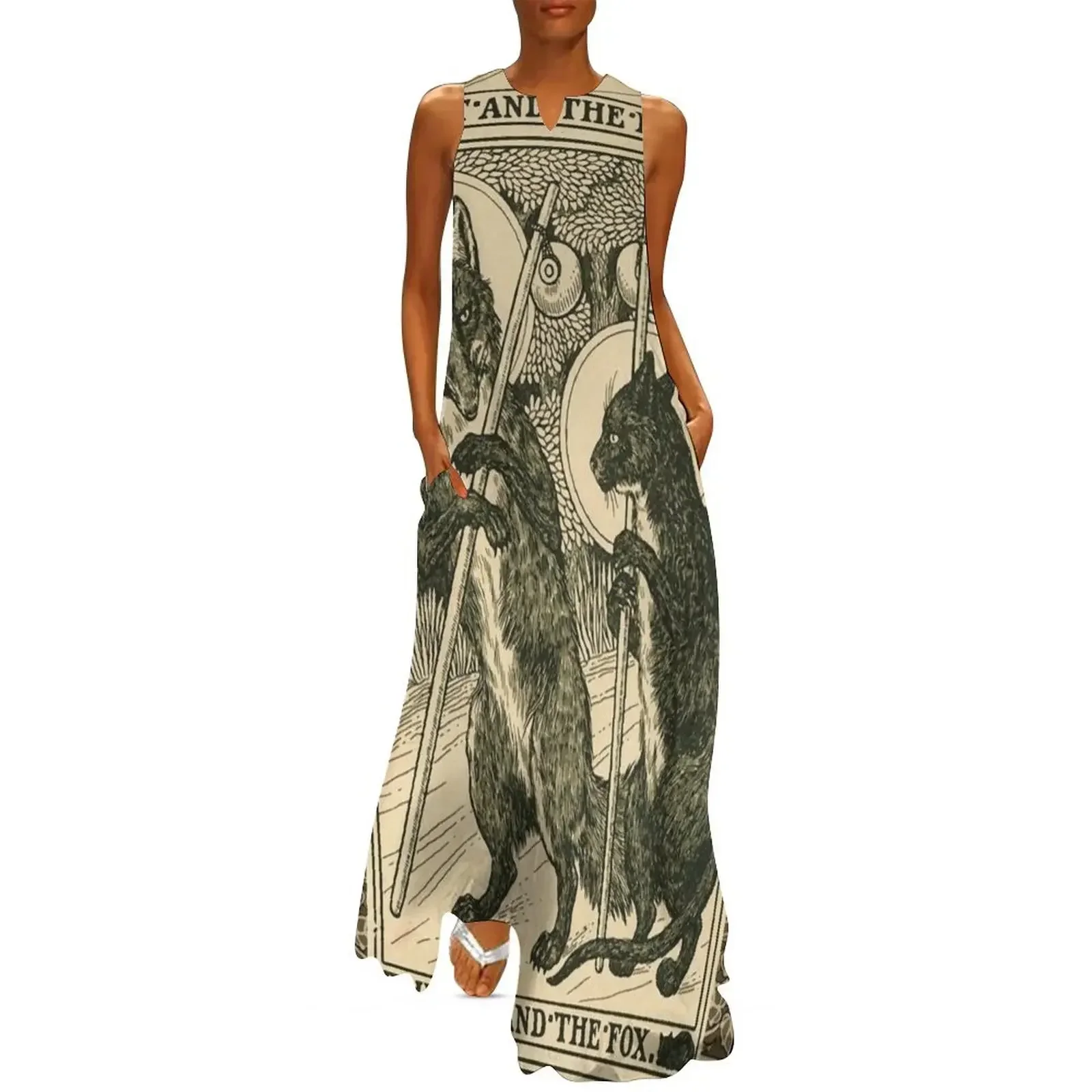 

THE CAT AND THE FOX Forest Animals Black White Floral Long Dress dress korean style Dress