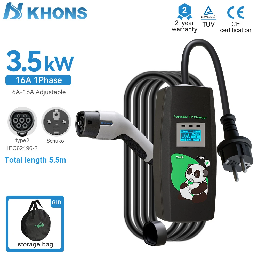 Khons Typ2 3,5 kW Elektrofahrzeug-Ladegerät Schuko-Stecker 16A EV Tragbares Ladegerät EVSE Wallbox 5m TPU-Kabel für Elektrofahrzeuge