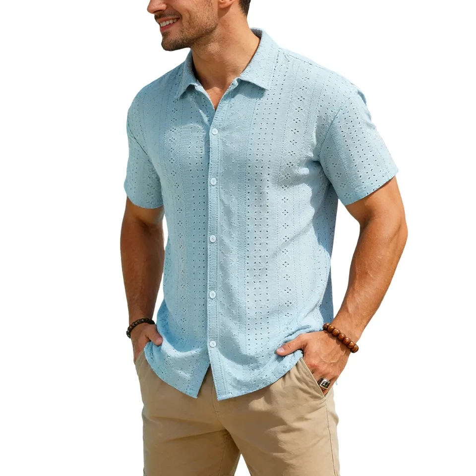 

Men's Short Sleeve Shirt Hawaiian Casual Button Down Shirts Vacation Beach Summer Hollow Out Tops Blouse Lapel Breathable Shirt