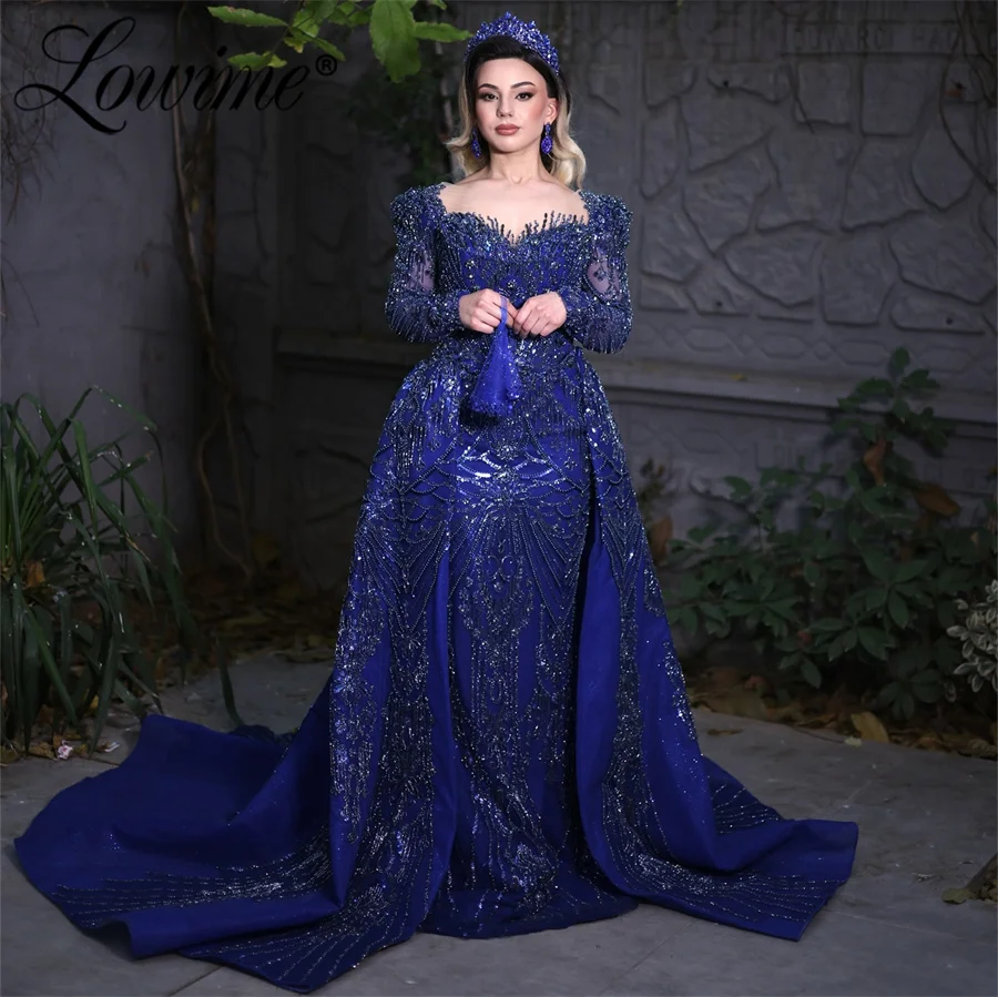 2026年ロイヤルブルーアラビックドバイイブニングドレスローブドソワレアソエビロングプロムドレスビーズスパンコールウェディングブライドパーティガウン