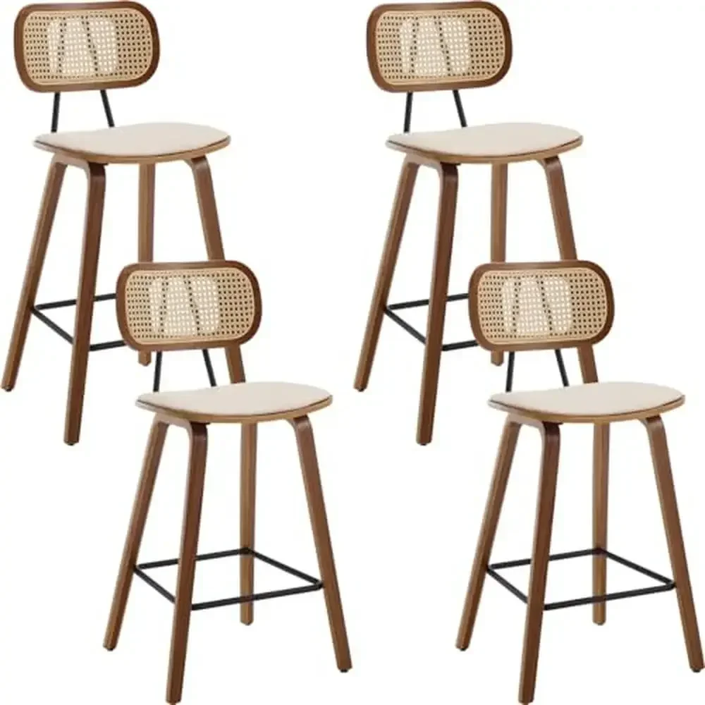 Modern Rattan Backrest Bar Stools Set of 4 PU Leather Armless Wooden Legs Kitchen Chairs