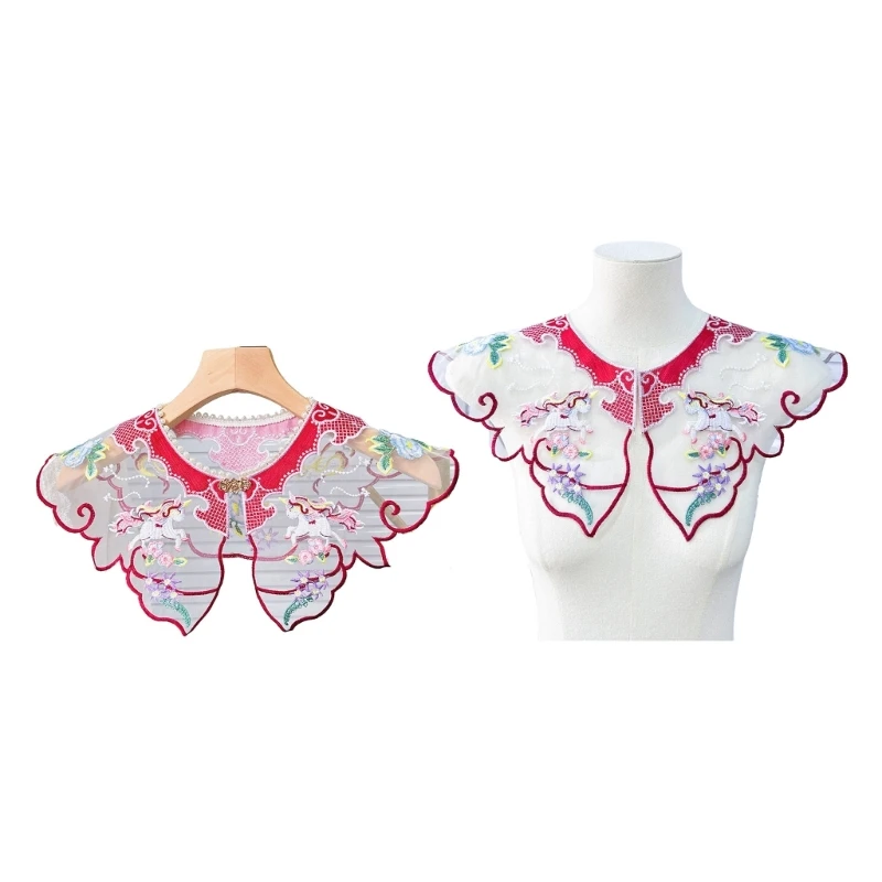 

Chinese Embroidery Floral Pearls Neckline Shawl Hanfu Fake Collar Capelet