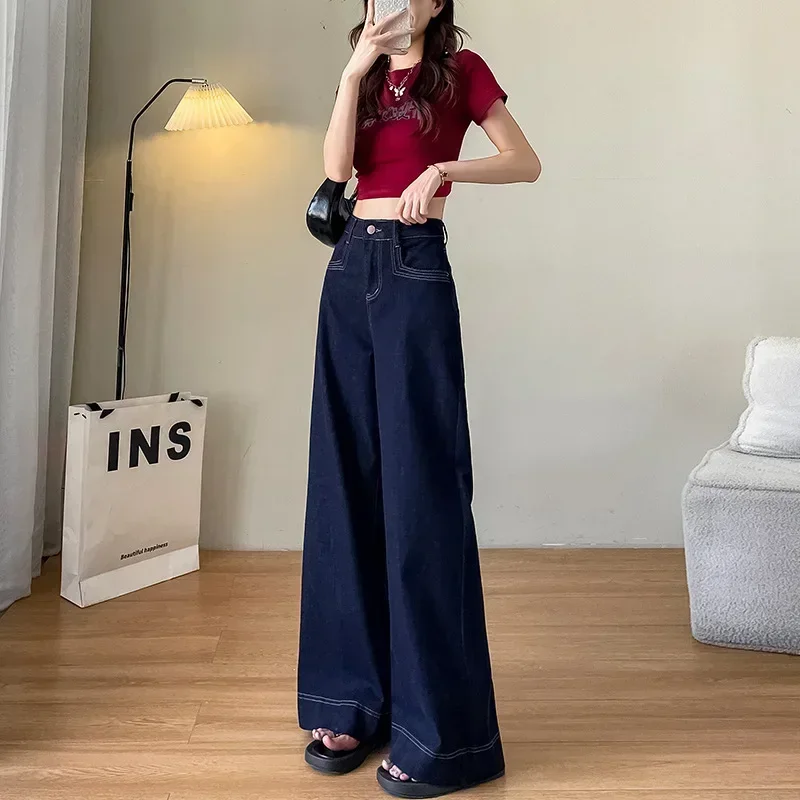 Damskie jeansy Deep Blue Soft z szerokimi nogawkami, wysoki stan, luźny krój, zwiewne, dla figury typu gruszka, długość do podłogi, nowość na jesień.