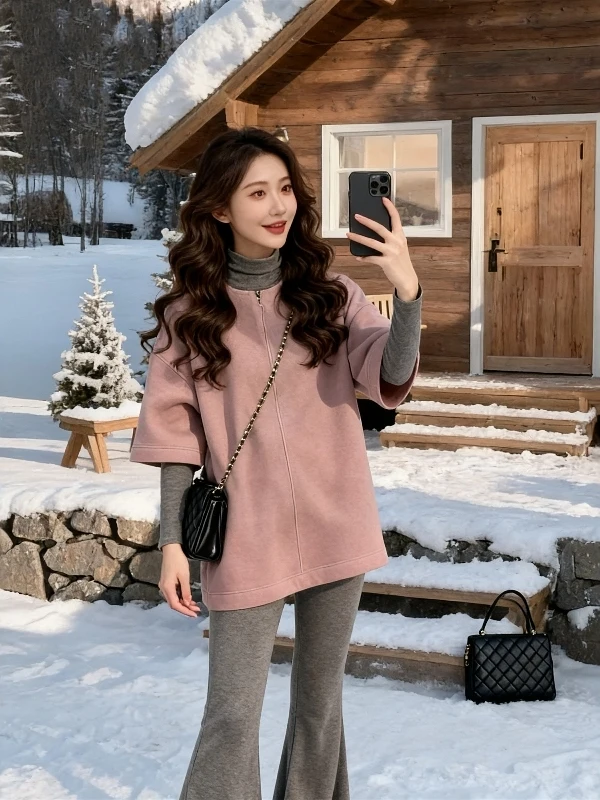 

Spring New Style Intellectual round Neck mid Sleeve Knitted Loose Top Bottom Set Casual Wear Layering Base Shirt Pants