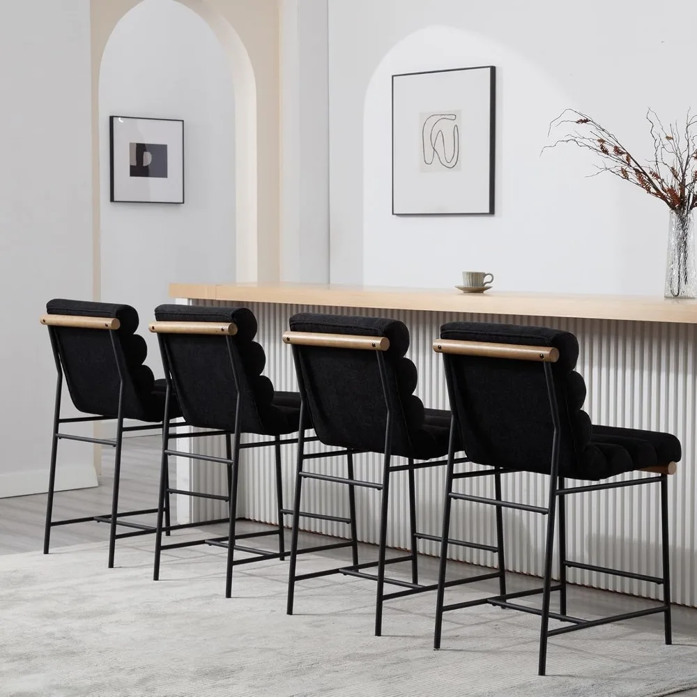 Black Linen Bar stools , 25” Modern Upholstered Counter stools with Black Metal Legs, Armless Counter Height Chairs