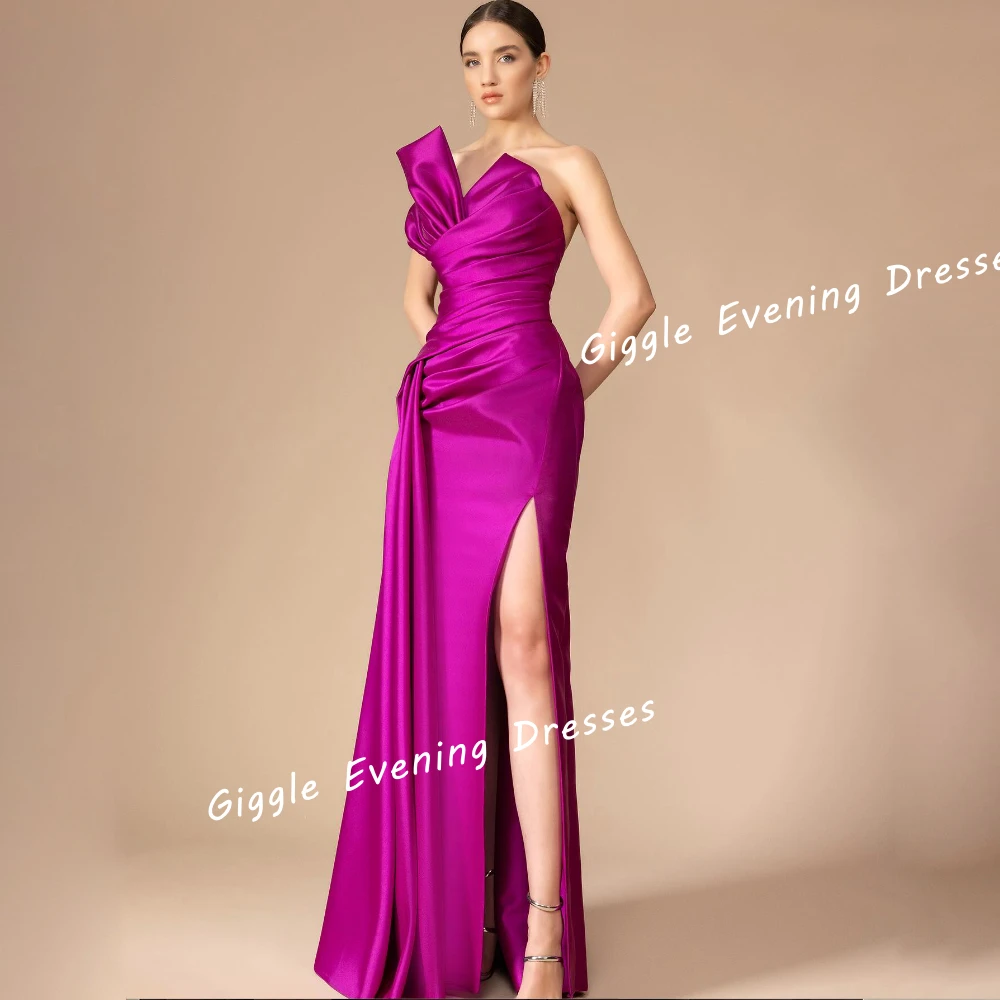 

Satin Strapless Pleating Summer Prom Gown Saudi Arab Slit Boat Neck Floor-Length Chic And Elegant Evening Dress For Women 2024