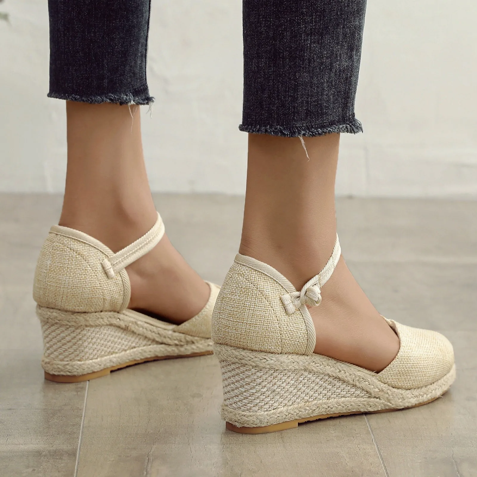 Sandals Women Braided Espadrille Knot Button Ankle Strap Wedge Sandals Linen Wedge Summer 6cm Heel Platform Espadrilles Shoes