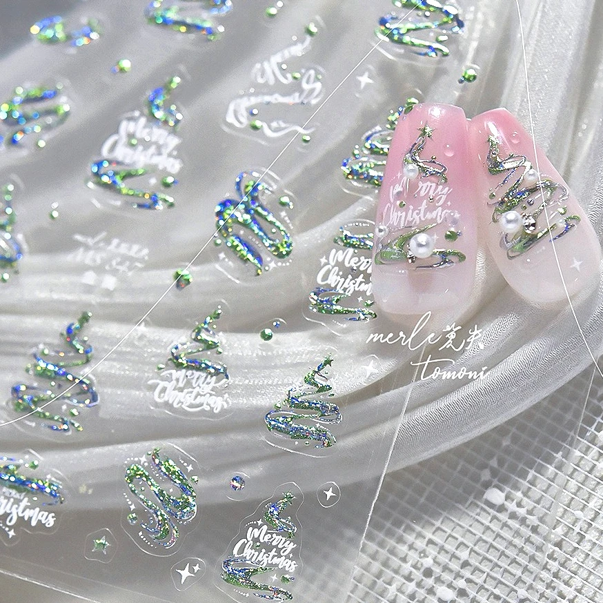 Glitter verde árvore de natal estrela bola de cristal bowknot papai noel inverno laser flocos de neve boneco de neve elk arte do prego adesivos decalques