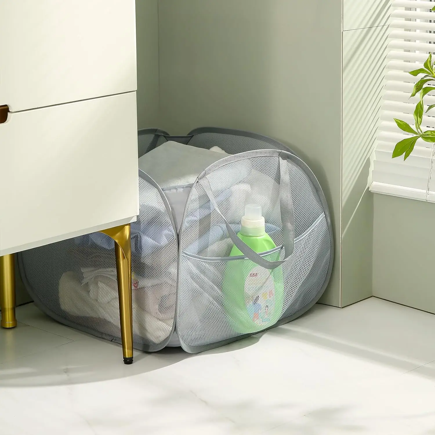 90L Collapsible Mesh Laundry Basket,Foldable Pop Up Laundry Hamper with Side Pocket Removable Clothes Storage Bin with Handle