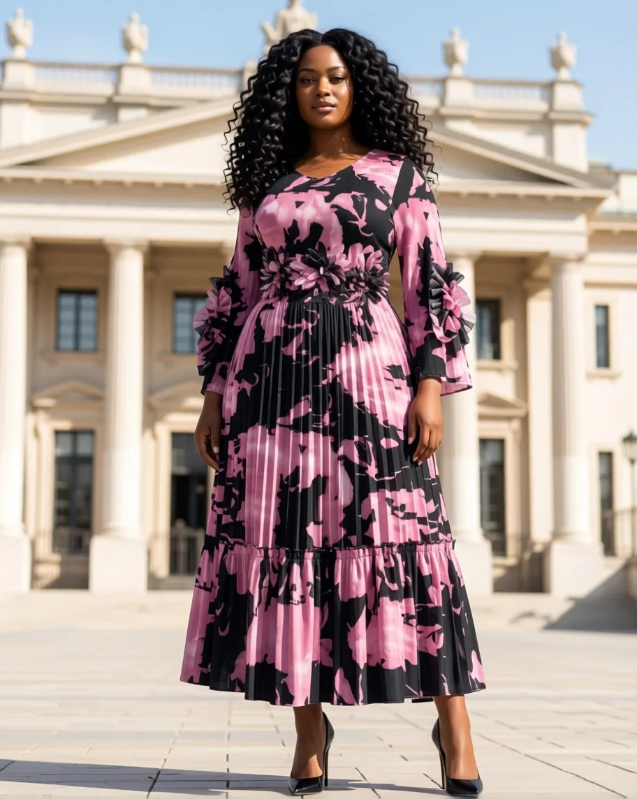 

Зимнее платье Miyake 2025: Новое модное женское элегантное длинное платье с эффектом помятости и цветочным принтом