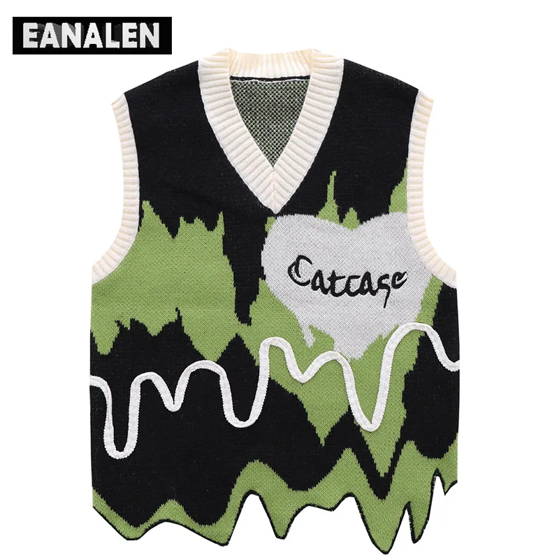 Harajuku Black Green Colorblock Jumper Sweater Vest Women\'s y2k Retro Oversized Knitted Ugly Sleeveless Sweater Men\'s Aesthetic