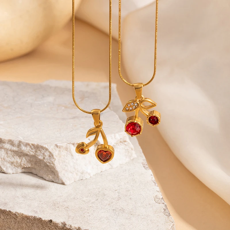 ANENJERY 316L Stainless Steel Cherry Heart Zircon Pendant Necklace For Women Delicate Sweet Summer Holiday Jewelry Gifts