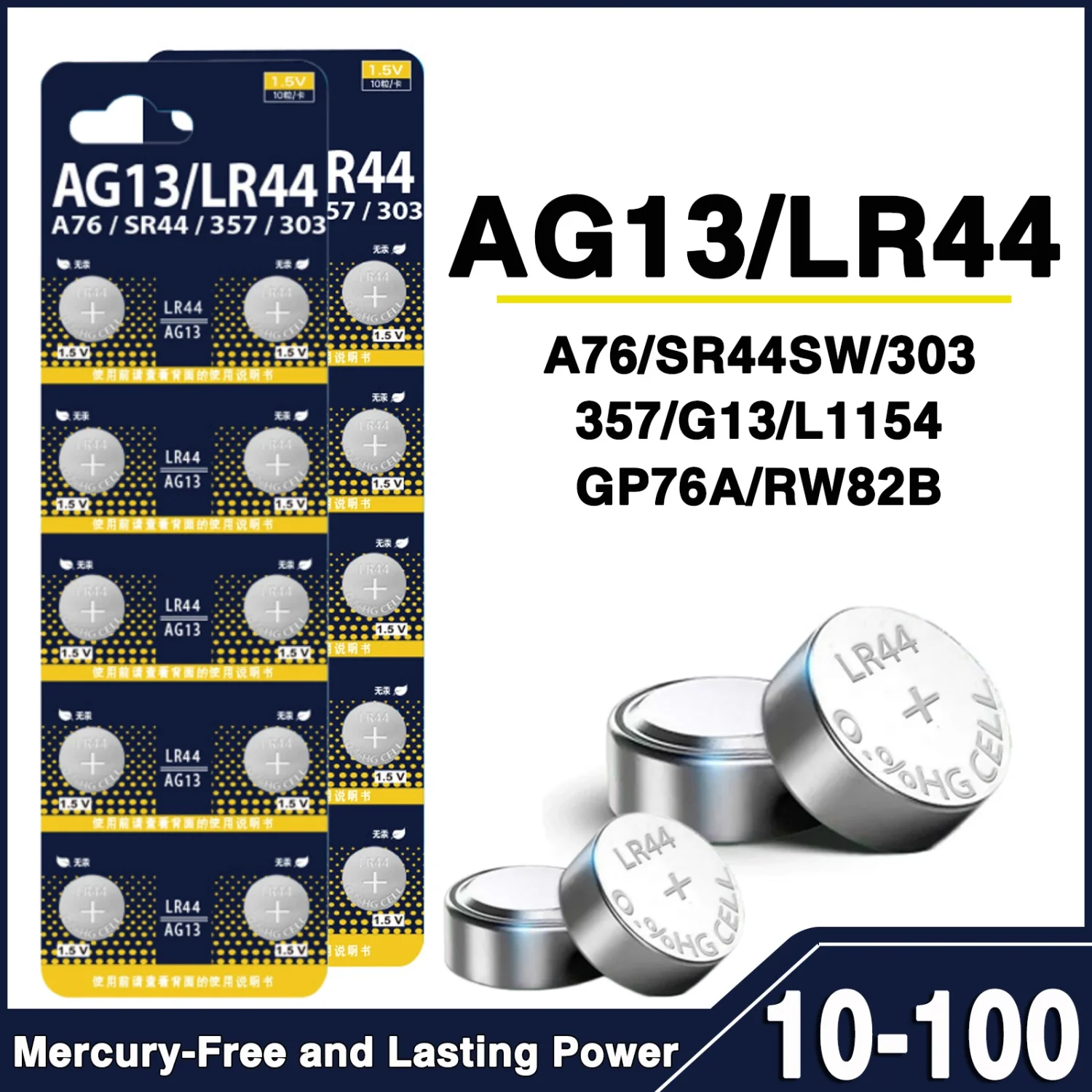 

100PCS 1.5V 120mAh LR1154 RW82 SP76 LR44 AG13 Button Coin Cells Battery AG 13 357A SR44 SR1154 for Watch Toys Remote Calculators