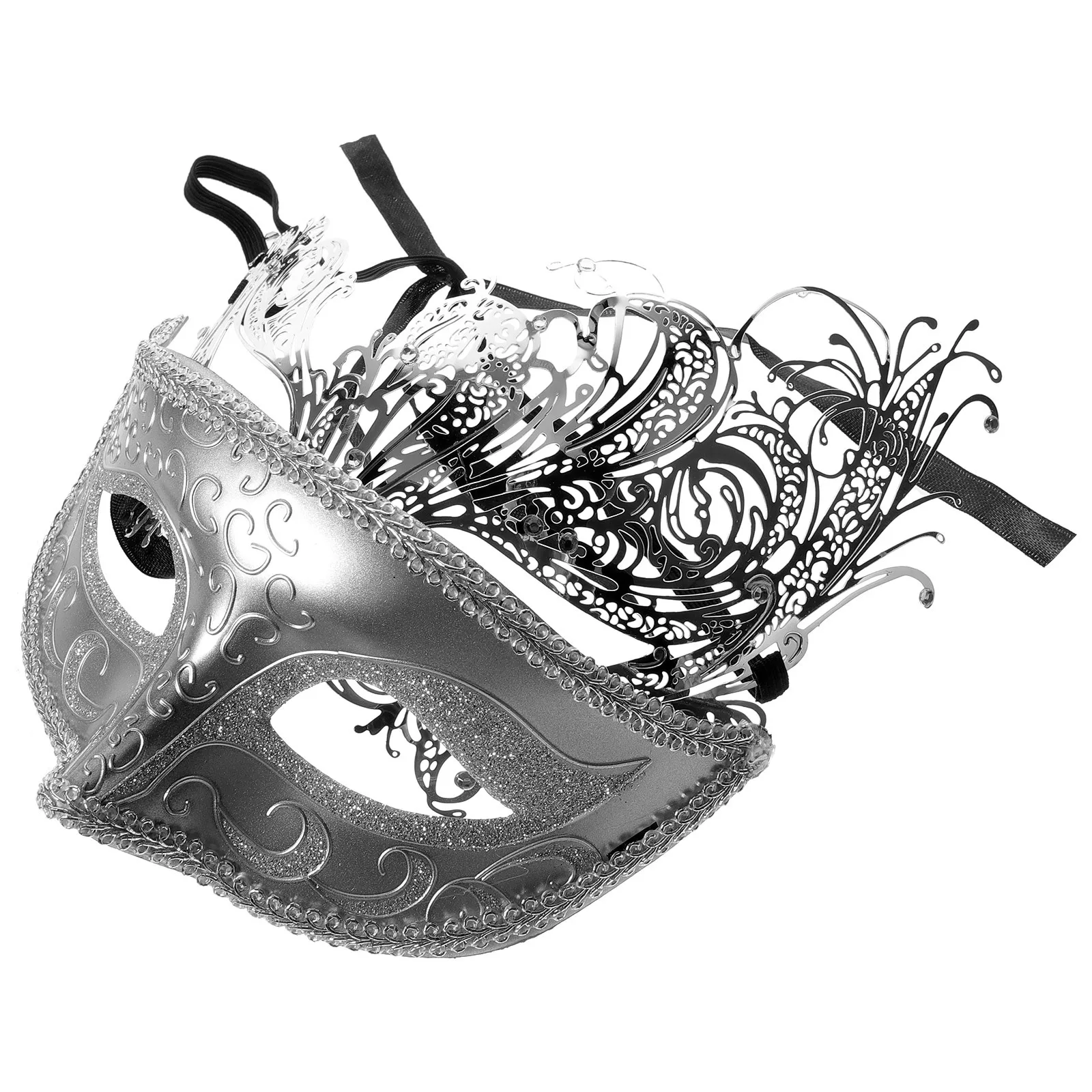 2Pcs Metal Mask Masquerade Rhinestone Comfortable Breathable Festival Couple Costume Party Prop Cosplay Mask Party Prop