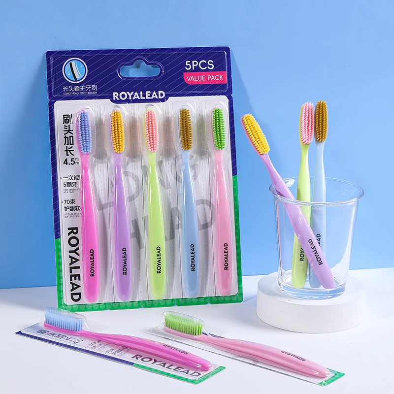 5-Pack Long-Head Toothbrushes, Soft Bristles, Individually Packaged, Dopamine Color Series, Extended Brush Head, Curved Surface, Family Pack, Deep Cleaning