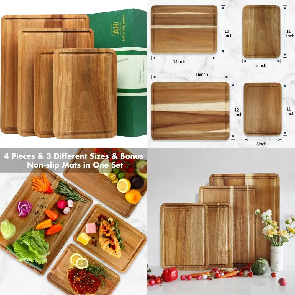

Набор кухонных деревянных разделочных досок из 4-х досок для мясных изделий из акации с подарочной коробкой, нескользящий мясной блок для сыра и мяса