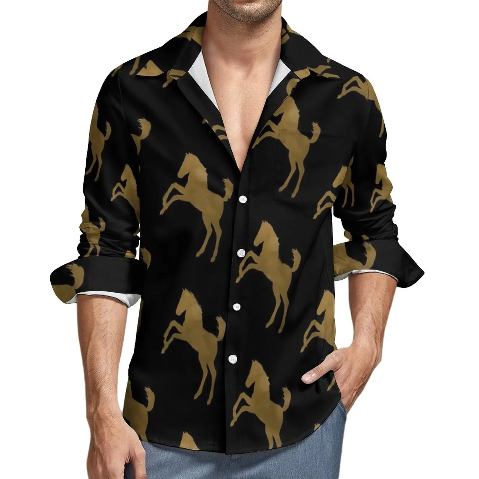 

Golden Horse Casual Shirts Mens Cute Animal Shirt Long Sleeve Trendy Stylish Blouses Spring Design Clothes Plus Size