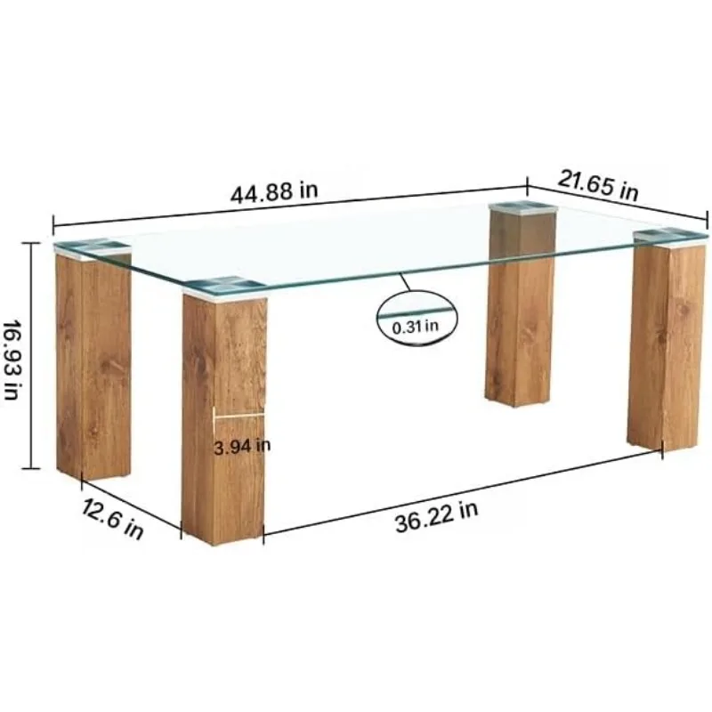 Modern Minimalist Rectangular Coffee Table,Glass Desktop & Wooden MDF Table Legs,for Living Room,Transparent