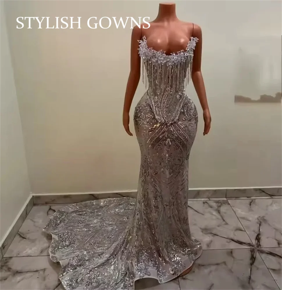 Silver Long Prom Dresses 2025 For Black Girls Corset Strapless Sequin Crystal Tassel Evening Gowns For Party Customized Robe De