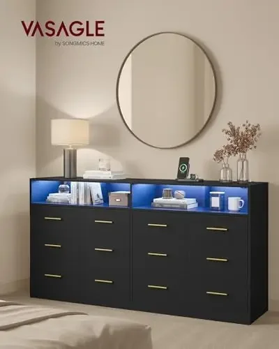 Custos Collection - Dresser for Bedroom, with LED Lights and Power Strip, Chest of Drawers, Modern, TV Stand for Living