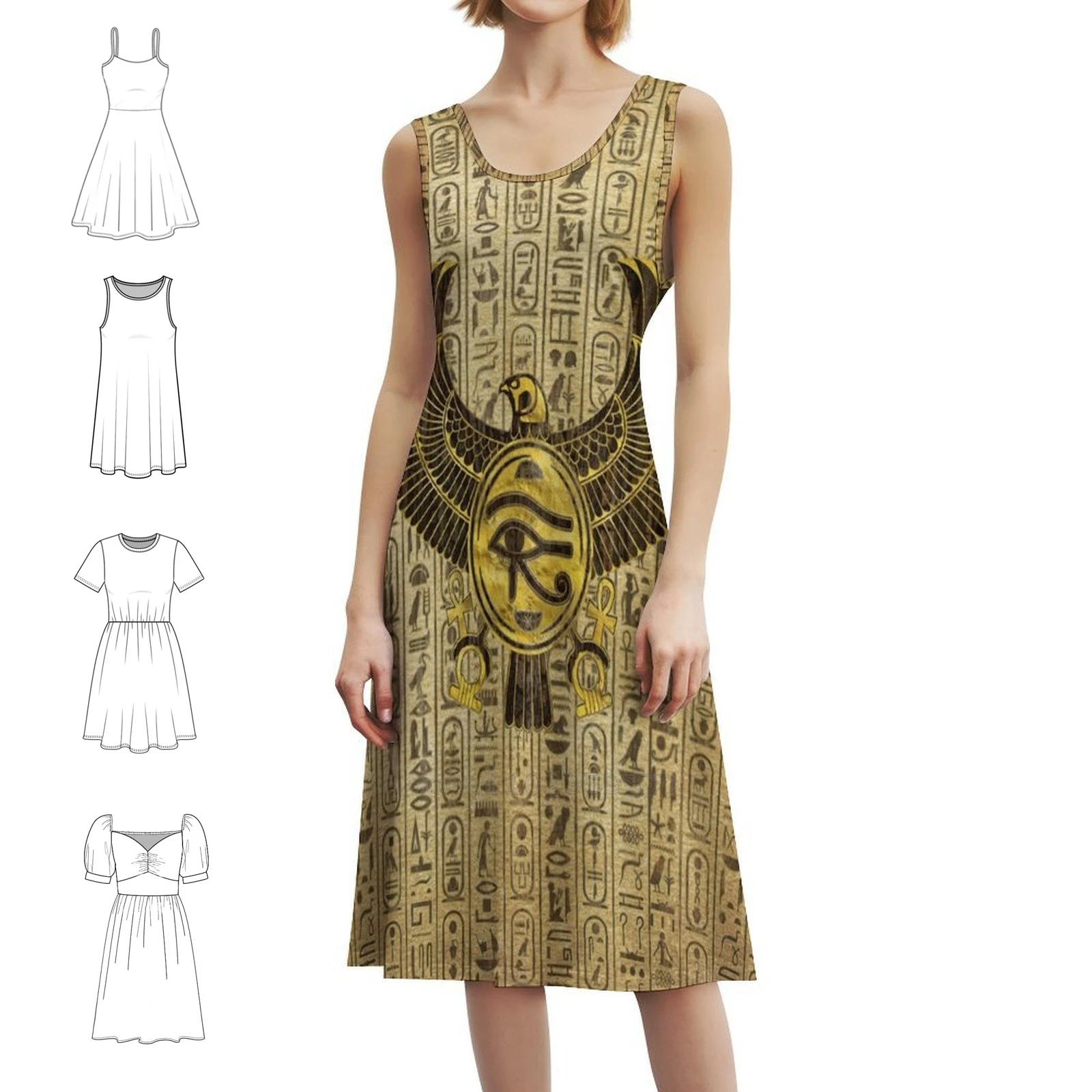 

Egyptian Eye Of Horus-Wadjet Gold And Wood Preppy Style Mini Dress For Women A-Line Loose Fit Casual Day Dress Horus Eye Of